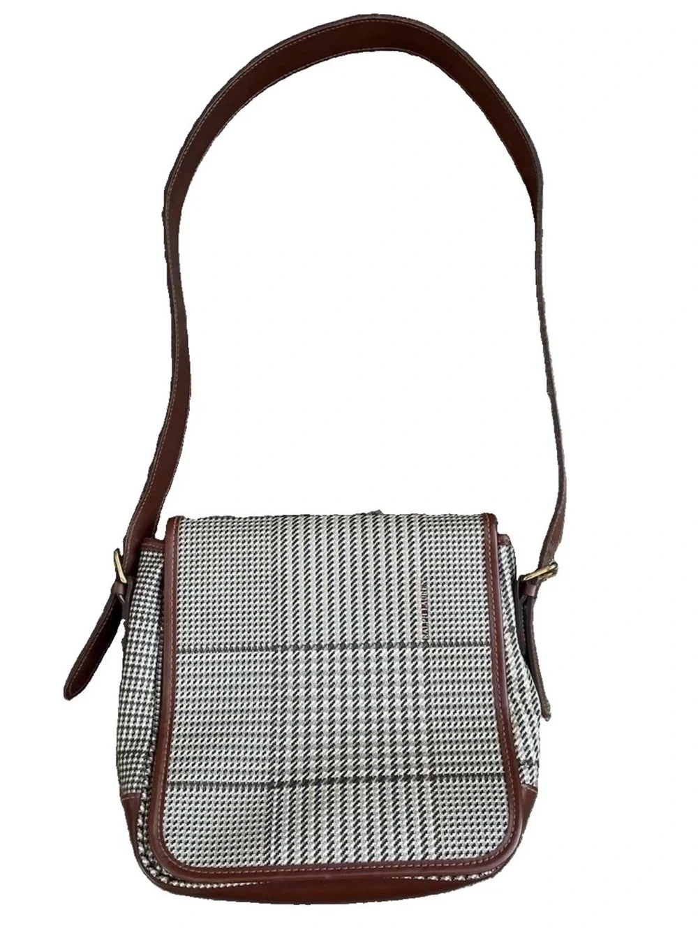 VTG 90s Ralph Lauren Houndstooth Tweed Leather Crossbody Bag Fall Dark Academia
